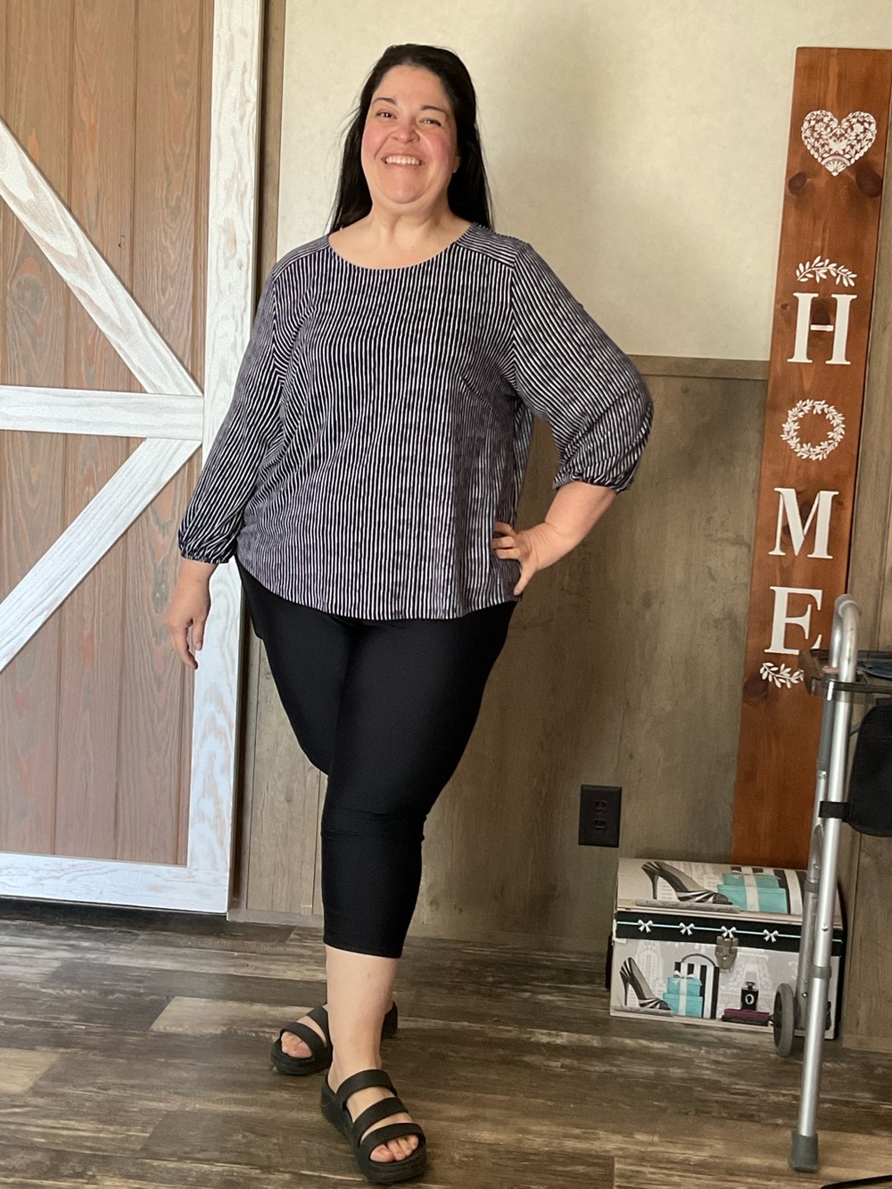 Adrianna Papell Navy and White Striped Top